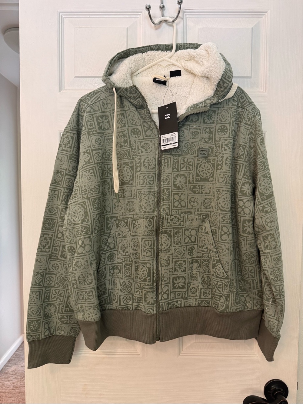 Billabong Olive Green Patterned Sherpa-Lined Zip Jacket